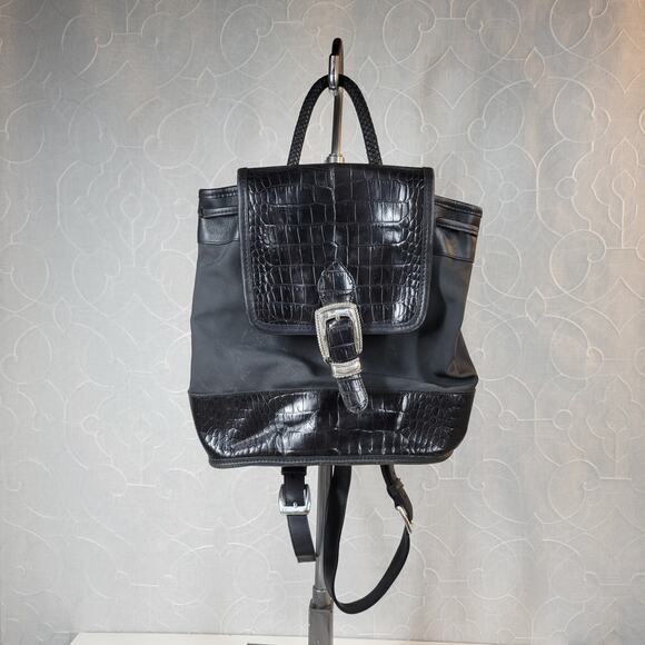 Brighton Monica Mini Backpack Black Nylon Leather Reptile Emboss Western Buckle - Picture 1 of 12